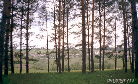 Вид из леса на Волосовское место силы. В долине - село, монастырь и источник. Кустарник отмечает русло Колочки